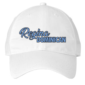 White Nike Twill Cap – Embroidered Regina Dominican – Blue and Black